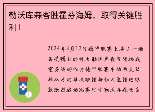 勒沃库森客胜霍芬海姆，取得关键胜利！